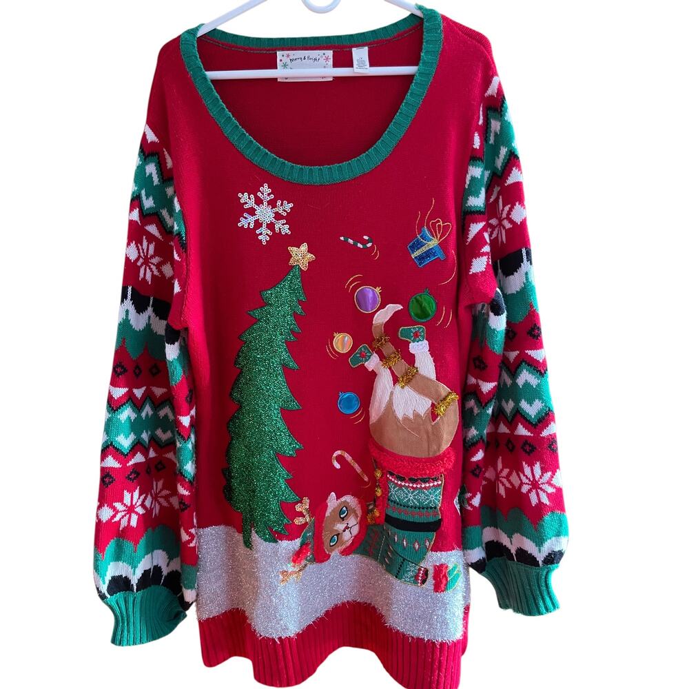 Merry & Bright Ugly Christmas Cat Sweater